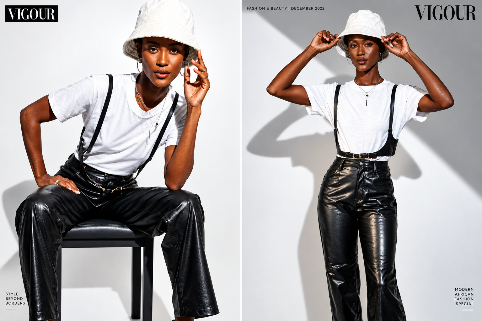 White bucket hat black leather jacket rooftop city fashion
